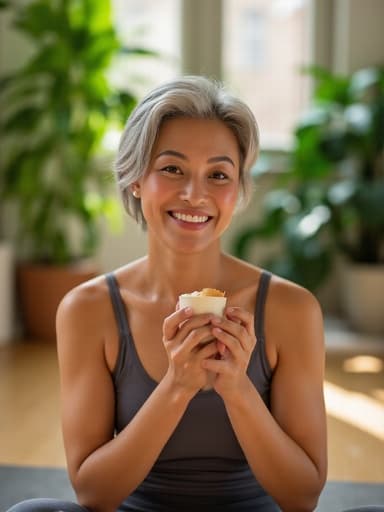 편안한 요가복을 입은 50대 초반 아시아계 여성의 반신 사진으로, 건강한 스낵을 들고 자연스럽게 미소를 지으며 긍정적인 감정을 표현하고 있습니다. 부드러운 조명과 식물이 있는 아늑한 요가 스튜디오 배경에서 촬영되었습니다.