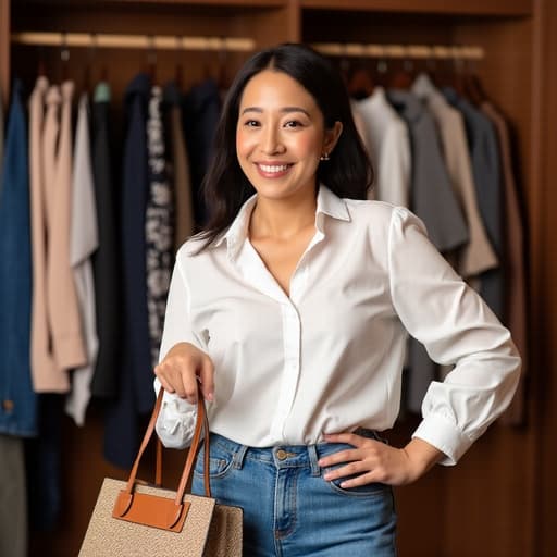 40대 중반 아시아계 여성이 반신 촬영으로 자신감 있게 서 있습니다. 스타일리시한 블라우스와 트렌디한 진을 입고 멋진 핸드백을 들고 있으며, 옷장 앞에서 기다리며 자연스러운 미소와 편안한 표정을 지어 따뜻하고 세련된 분위기를 연출하고 있습니다. 부드러운 조명이 전체적인 장면을 강조합니다.
