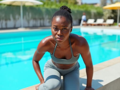 중반 20대의 자연스러운 외모를 지닌 흑인 여성이 맑은 날씨 속에서 밝은 파란색 수영장 가장자리에 앉아 운동복을 입고 있으며, 약간 짜증난 표정으로 몸을 앞으로 기울이고 있는 모습의 반신 사진입니다. 수영장 물에 햇빛이 반사되고 있습니다.