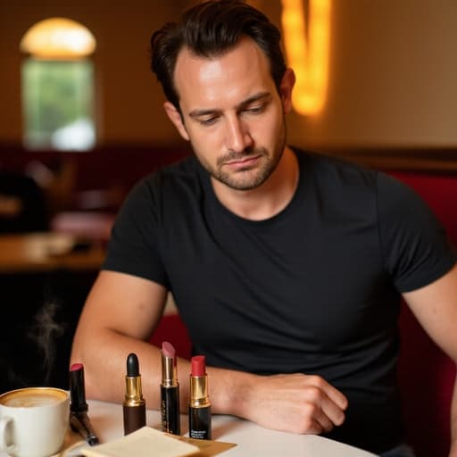 30대 중반의 유럽계 남성이 캐주얼한 티셔츠와 청바지를 입고 반신을 촬영한 모습입니다. 지루한 표정으로 찡그린 얼굴을 하며 테이블 위의 화장품을 바라보며 손으로 화장하고 있습니다. 배경은 아늑한 카페의 내부로, 테이블 위에 커피 컵과 책이 놓여 있어 따뜻하고 사색적인 분위기를 연출합니다.