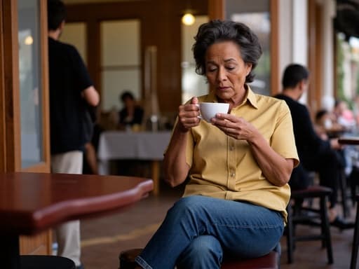 50대 초반 흑인 여성의 반신 사진으로, 편안한 셔츠와 청바지를 입고 카페 테라스에 크로스 레그로 앉아 있습니다. 커피잔을 손에 들고 긴장한 표정으로 바라보며, 다른 손님들이 있는 아늑한 분위기를 만들어냅니다.