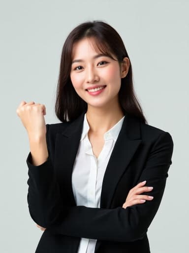 20대 중반의 아시아계 여성이 블랙 재킷과 화이트 블라우스를 입고 깔끔한 스튜디오에서 자신감 있게 포즈를 취하고 있습니다. 그녀의 눈은 열정으로 빛나고 미소를 지으며 주먹을 쥐고 있어, 부드러운 조명이 그녀의 생동감 넘치는 존재감을 강조하고 있습니다.
