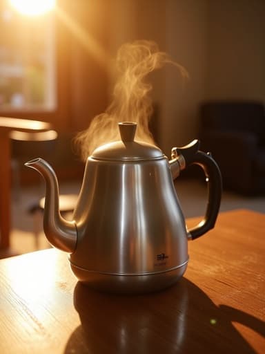 황금빛 노을의 조명이 따뜻한 분위기를 조성하는 나무 테이블 위에 놓인 반짝이는 스테인리스 스틸 주전자.
