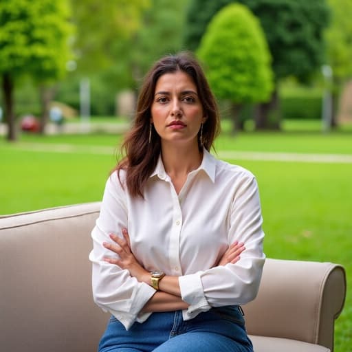 이미지는 40대 초반의 중동계 여성이 공원에 있는 소파에 앉아 있는 모습입니다. 그녀는 편안한 블라우스와 청바지를 입고 있으며, 팔짱을 끼고 불만스러운 표정을 짓고 있습니다. 배경은 푸르른 나무와 잔디로 가득 차 있어 그녀의 감정과 평화로운 환경 간의 대조를 이루고 있습니다.