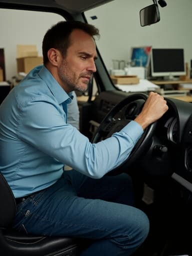 30대 중반의 유럽계 남성이 실망과 피로의 표정을 지으며 캐주얼한 셔츠와 청바지를 입고 반신 촬영된 모습입니다. 그는 사무실 환경에 앉아 있으며, 한 손은 핸들을 잡고 다른 손은 팔걸이에 놓고 있습니다. 배경에는 컴퓨터와 서류들이 흩어져 있는 책상이 있어 진짜 사무실의 느낌을 강조합니다.