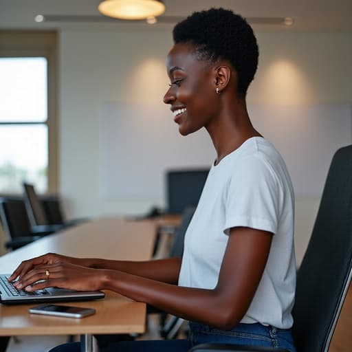 현대적인 회의실에 앉아 있는 30대 중반의 아프리카계 여성, 편안한 복장을 입고 있으며, 노트북과 상호작용하며 따뜻하게 미소 짓고 있습니다. 배경에는 현대적인 테이블과 의자, 화이트보드가 있어 전문적이면서도 매력적인 분위기를 연출합니다.