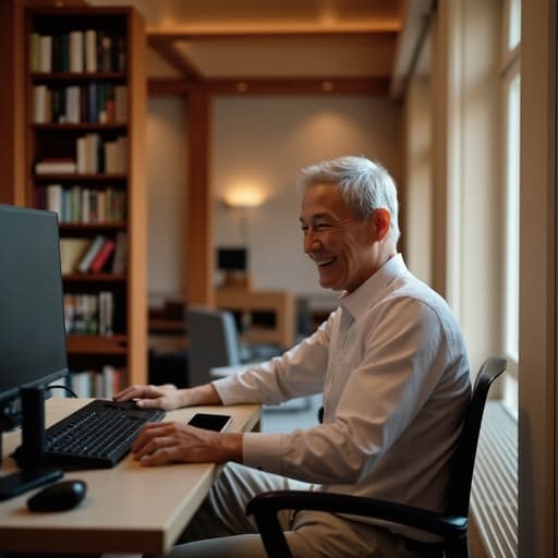 50대 초반 아시아계 남성이 자연스러운 외모로 조용한 도서관의 책상에 앉아 있습니다. 그는 편안한 셔츠와 바지를 입고 있으며, 기분이 좋은 표정으로 노트북과 상호작용하며 이메일을 작성하고 있습니다. 배경에는 책장에 꽂힌 책들이 있어 그가 하고 있는 활동과 잘 어우러지는 학구적인 분위기를 만들어냅니다.