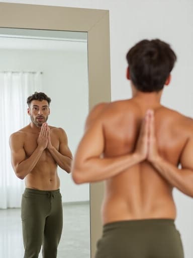 50대 초반의 혼혈 남성이 편안한 요가복과 액세서리를 착용하고, 모던한 거울 앞에서 요가 자세를 취하며 친근한 표정을 짓고 있는 반신 사진. 밝고 깨끗한 실내에서 자연스럽고 다가가기 쉬운 분위기를 연출합니다.