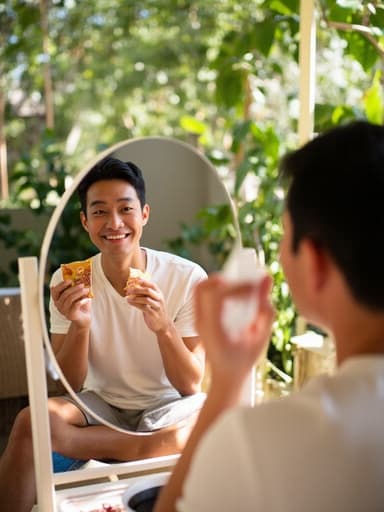 30대 후반 아시아계 남성이 캐주얼한 티셔츠와 반바지를 입고 햇볕이 잘 드는 테라스에서 한쪽 손에 간식을 들고 거울을 바라보며 편안한 표정을 짓고 있습니다. 주변의 푸른 식물들이 평화롭고 매력적인 분위기를 더해줍니다.