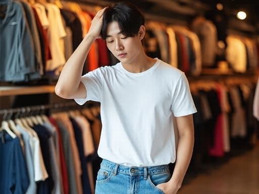 20대 초반의 자연스러운 외모를 가진 한국 남성이 흰색 티셔츠와 청바지를 입고 패션 매장에서 촬영된 반신 사진입니다. 그는 스트레스를 받은 표정을 지으며 손을 머리에 얹고 깊은 생각에 잠겨 있습니다. 배경에는 다양한 스타일의 의류와 액세서리가 전시되어 있어 개인 스타일과 패션 선택의 주제를 강조하는 생기 넘치는 소매 환경을 만들어냅니다.