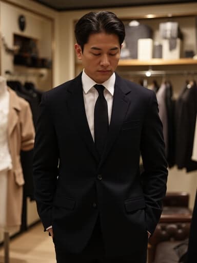 세련된 블랙 수트와 화이트 셔츠를 입은 40대 중반의 한국 남성이 패션 매장에서 서 있습니다. 그는 손을 주머니에 넣고 의기소침한 표정을 지으며, 다양한 의류와 액세서리가 배경에 있어 세련된 분위기를 자아냅니다.