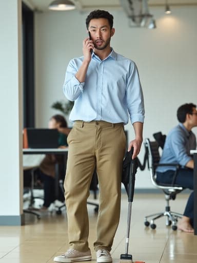 30대 중반의 한국인 남성이 전화 통화 중 짜증난 표정으로 나타나며, 깔끔한 셔츠와 바지, 캐주얼한 신발을 착용하고 있습니다. 그는 한 손으로 전화기를 귀에 대고, 다른 손으로 청소 도구를 사용하여 사무실 바닥을 정리하고 있는 모습이며, 배경에는 동료들이 일하는 밝고 현대적인 공유 오피스 공간이 있습니다.