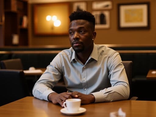 30대 후반의 자연스러운 외모를 지닌 흑인 남성이 캐주얼한 셔츠와 바지를 입고 있는 반신 사진입니다. 그는 찡그린 표정으로 고민하는 듯한 감정을 표현하며 회의실 테이블에 손을 올리고 앉아 있습니다. 배경은 아늑한 카페 내부로, 커피 잔과 간단한 간식이 테이블 위에 놓여 있어 그의 사려 깊은 demeanor를 보완하는 따뜻한 분위기를 만들어냅니다.