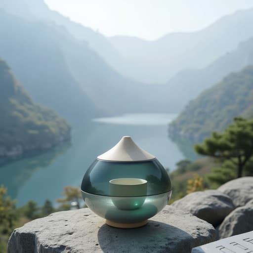 부드러운 안개로 둘러싸인 우아한 디퓨저, 안개 낀 평화로운 계곡에 세팅, 고요하고 차분한