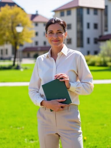 50대 초반의 혼혈 여성 모델이 캐주얼한 블라우스와 슬랙스를 입고 긍정적인 미소를 지으며 책을 들고 있는 반신 사진. 배경은 대학 캠퍼스의 녹색 잔디와 건물들이 어우러져 자연스러운 분위기를 만들어냅니다. 따뜻한 조명이 모델의 자연미와 학문적 분위기를 강조합니다.