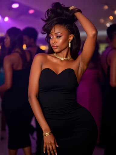 세련된 블랙 드레스를 입고 금색 액세서리를 착용한 자신감 있는 아프리카계 젊은 여성이 북적이는 파티룸에서 우아하게 포즈를 취하고 있으며, 그녀의 차가운 표정은 주변의 활기찬 분위기를 반영하고 있습니다.