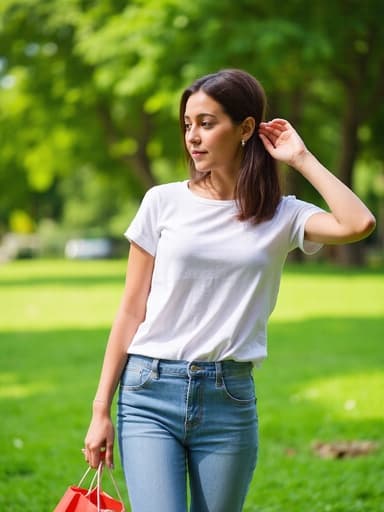 20대 중반의 중동계 여성이 캐주얼한 티셔츠와 청바지를 입고 쇼핑백을 들고 머리를 살짝 쓸어 넘기는 모습의 반신 사진. 그녀는 우울한 표정을 지으며 푸른 잔디와 나무들이 있는 공원에서 촬영되었습니다.