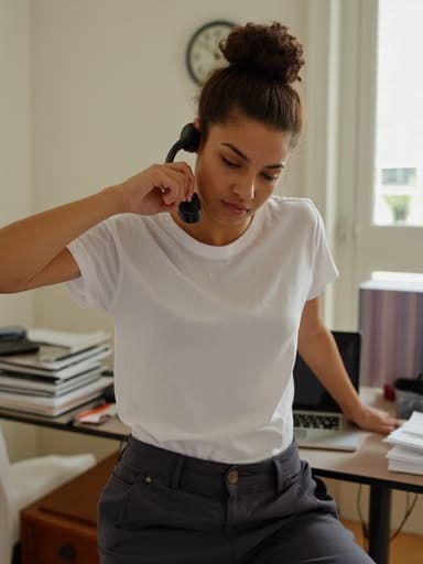 집 사무실에서 편안한 티셔츠와 슬랙스를 입고 화난 표정을 지으며 전화 통화 중인 혼혈 여성의 모습. 한 쪽 팔로 전화기를 귀에 대고 다른 손으로 옷을 조정하는 자세를 취하며, 노트북과 서류들로 어지럽혀진 책상 앞에 있습니다.