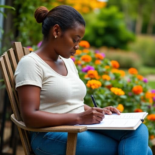 푸르른 정원에 앉아 있는 40대 초반의 아프리카계 여성의 반신 사진. 편안한 티셔츠와 청바지를 입고, 열린 노트를 바라보며 피곤한 표정을 짓고 있다. 다양한 꽃과 나무가 있는 푸르른 정원이 배경이다.