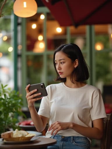 20대 초반 아시아계 여성 한 명이 캐주얼한 티셔츠와 청바지를 입고, 한 손에 전화를 들고 다른 손으로 음식을 향해 다가가며 짜증난 표정을 짓고 있습니다. 이 장면은 아늑한 야외 카페의 테이블에서 설정되어 있으며, 그녀의 짜증과 주변의 매력적인 분위기 간의 대조를 보여줍니다.