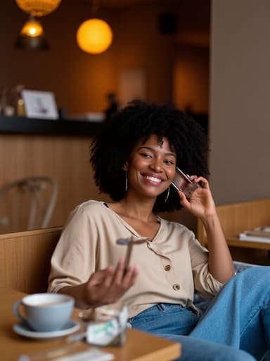 30대 후반 아프리카계 여성의 반신 사진으로, 자연스러운 외모를 가지고 있으며, 아늑한 카페에서 전화 통화를 하며 행복한 표정을 짓고 있습니다. 주위에는 커피잔과 책들이 놓여 있습니다.