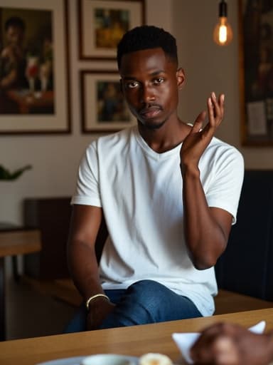 아늑한 카페에서 캐주얼한 흰색 티셔츠와 청바지를 입은 20대 중반의 흑인 남성이 슬픈 표정으로 손을 들어 인사하는 모습입니다. 카페의 벽에는 예술적인 장식이 걸려 있고, 근처 테이블에는 커피잔과 디저트가 놓여 있어 따뜻하면서도 반성적인 분위기를 만들어냅니다.