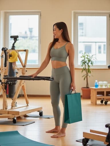 30대 초반의 동양인 여성이 스타일리시한 필라테스 복장을 입고 쇼핑백을 들고 운동 용품을 살펴보며 미소 짓고 있는 모습. 자연광이 가득한 요가 스튜디오에서 요가 매트가 neatly 배치되어 있는 분위기.