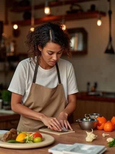 20대 초반의 혼혈 여성이 캐주얼한 티셔츠와 앞치마를 입고, 아늑한 카페에서 열정적으로 식재료를 준비하고 있습니다. 테이블 위에는 다양한 요리 재료가 놓여 있어 따뜻한 분위기를 자아내며, 그녀의 요리 세계로 관객을 초대합니다.