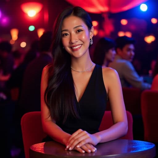 20대 중반 아시아계 여성이 세련된 블랙 원피스와 화려한 액세서리를 착용하고 자신감 넘치는 미소를 지으며 테이블에 자연스럽게 앉아 있는 모습입니다. 화려한 조명이 비치는 클럽의 배경에는 다른 사람들도 즐거운 시간을 보내고 있어 활기찬 분위기를 더합니다.