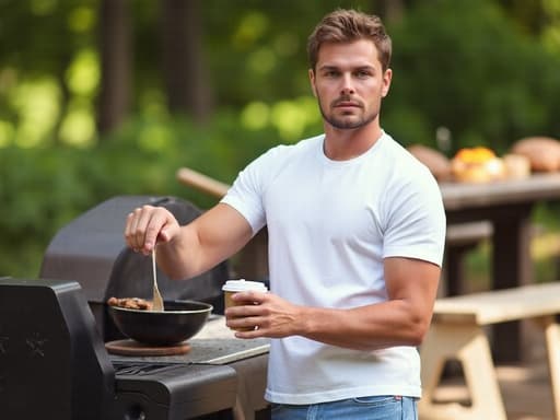 10대 후반의 백인 남성이 바베큐장에서 흰색 티셔츠와 청바지를 입고 서 있습니다. 커피잔을 손에 들고 요리를 하며 무표정으로 편안한 분위기를 나타내고 있습니다. 배경에는 그릴과 야외 테이블이 있어 따뜻한 여름 모임의 분위기를 자아냅니다.