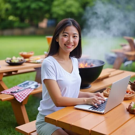 20대 중반의 동양인 여성이 피크닉 테이블에 앉아 노트북을 사용하고 있는 반신 사진. 편안한 티셔츠와 반바지를 입고 긍정적인 표정을 지으며 즐거운 분위기를 연출하고 있으며, 배경에는 바베큐장이 있어 고기가 구워지고 다양한 음식들이 놓여 있습니다.