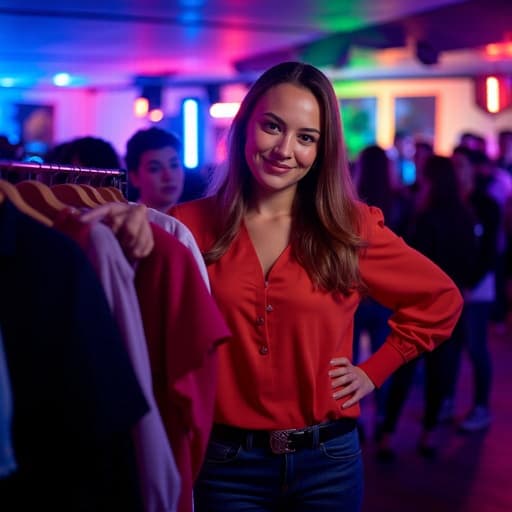 스타일리시한 블라우스와 스키니 진을 입은 10대 후반의 백인 여성이 친구와 함께 옷을 고르며 따뜻하게 미소 짓고 있는 모습의 반신 사진. 화려한 조명이 빛나는 활기찬 클럽 내부와 즐거운 분위기의 사람들로 가득 차 있습니다.