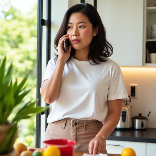 30대 후반 한국인 여성의 반신 사진으로, 자연스러운 외모를 지니고 있으며 전화를 받으며 약간 짜증난 표정을 짓고 있습니다. 그녀는 편안한 주방 의상으로 티셔츠와 바지를 입고 있으며, 한 손으로 전화를 귀에 대고 다른 손으로는 주방 재료를 정리하고 있습니다. 배경에는 아름다운 정원이 주방 창문을 통해 보이면서 바쁜 주방 분위기에 평화로운 느낌을 더하고 있습니다.