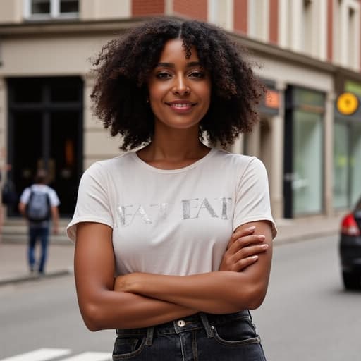 20대 중반의 혼혈 여성이 트렌디한 티셔츠와 청바지를 입고 팔짱을 낀 자세로 자신감 있게 서 있습니다. 매력적인 미소를 지으며 뒤에는 세련된 도시 거리 풍경이 펼쳐져 있어 현대적이고 활기찬 분위기를 더합니다.