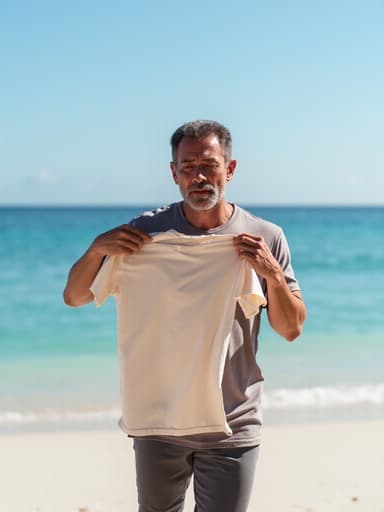 50대 초반의 아시아계 남성이 자연스러운 외모로 약간 짜증난 표정을 지으며 아름다운 해변에 서 있는 반신 사진. 그는 편안한 필라테스 복장인 반팔 티셔츠와 레깅스를 입고 있습니다. 모델은 옷을 입으려고 티셔츠를 들고 있으며, 그 뒤에는 푸른 바다와 하얀 모래사장이 보이는 멋진 풍경이 펼쳐져 있어 장면을 잘 보완하고 있습니다.