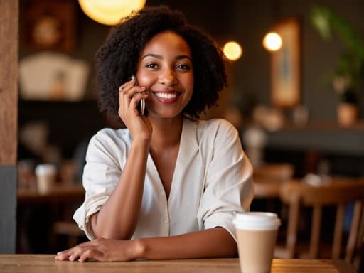 40대 중반의 아프리카계 여성, 편안한 블라우스와 청바지를 입고 아늑한 카페에서 전화 통화를 하며 따뜻하게 미소짓고 있습니다. 따뜻한 조명과 테이블 위의 다양한 음료가 아늑한 분위기를 만들어내며 그녀의 편안한 태도와 순간의 연결을 강조합니다.