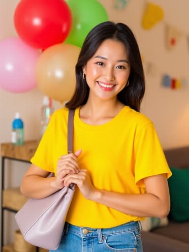아늑한 파티룸에서 밝은 티셔츠와 청바지를 입고 한쪽 어깨에 가방을 메고 자유롭고 행복한 표정을 짓고 있는 20대 중반의 한국인 여성.