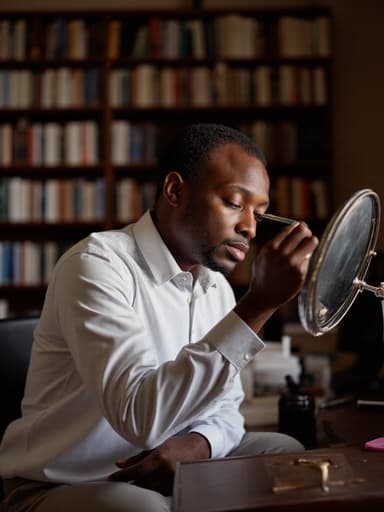 30대 후반의 자연스러운 외모를 지닌 흑인 남성이 편안한 비즈니스 캐주얼 복장, 셔츠와 슬랙스를 착용하고 거울 앞에서 화장을 하며 고개를 숙이고 피곤한 표정을 짓고 있는 반신샷. 배경에는 책들이 가득한 조용한 도서관이 있어 차분하고 성찰적인 분위기를 자아냅니다.