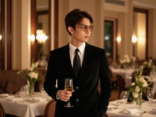 고급 레스토랑의 우아한 배경 속에서 정장과 넥타이를 착용한 10대 후반의 한국인 남성 모델이 한 손에 와인잔을 들고 다른 손은 주머니에 넣은 채로 서 있습니다. 차가운 표정이 고급스러움을 발산하고 있습니다.