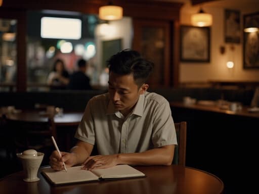 50대 초반의 한국인 남성이 캐주얼한 복장을 한 채, 아늑한 바 테이블에서 노트에 무언가를 쓰며 슬픈 표정을 짓고 있는 반신 사진입니다. 어두운 조명이 친밀한 분위기를 만들어내며, 그의 외로움을 강조하는 따뜻하고 매력적인 환경을 드러냅니다.