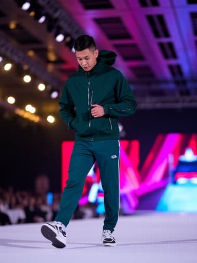 30대 중반의 자연스러운 외모를 가진 아시아계 남성 모델이 트렌디한 운동복과 멋진 운동화를 착용하고 런웨이에서 한쪽 발을 들어 신발을 신기 위한 자세를 취하고 있는 모습. 집중한 표정이 돋보이는 화려한 패션쇼의 런웨이를 배경으로 하고 있습니다.