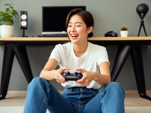 20대 중반의 한국인 여성이 모던한 사무실 바닥에 앉아 자연스러운 모습으로, 캐주얼한 티셔츠와 청바지를 입고 게임 컨트롤러를 들고 집중하며 활기차고 즐거운 표정을 짓고 있습니다. 배경에는 책상과 컴퓨터가 있습니다.