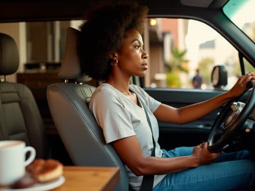 40대 중반의 아프리카계 여성의 반신 사진으로, 자연스러운 외모를 가진 그녀는 편안한 티셔츠와 청바지를 입고 있습니다. 긴장한 표정으로 화면을 응시하며 운전대에 손을 얹고 도로를 주의 깊게 바라보고 있으며, 배경은 커피와 간단한 간식이 놓인 아늑한 카페 내부입니다.