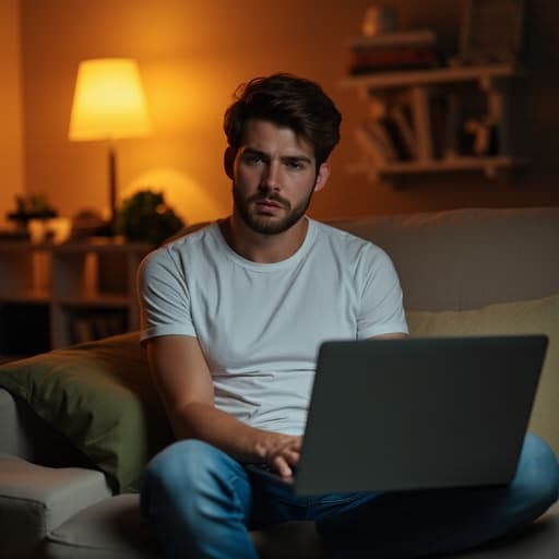 20대 초반의 백인 남성이 편안한 티셔츠와 청바지를 입고 커뮤니티 센터의 아늑한 거실 소파에 앉아 있습니다. 그는 실망한 표정으로 노트북 화면을 바라보며, 그의 감정과 주변의 따뜻한 분위기 사이에 대조를 이루고 있습니다.