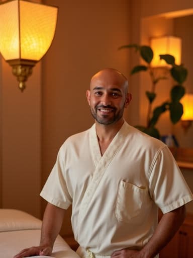 이 이미지는 편안한 마사지복을 입은 중년 중동 남성이 마사지 테이블 옆에 서서 친근한 미소를 짓고 있는 모습입니다. 아늑한 마사지샵 내부는 따뜻한 조명으로 아름답게 밝혀져 있으며, 자연 소품으로 꾸며져 있어 평화로운 분위기를 자아냅니다.