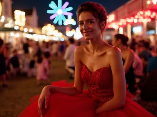 자신감 넘치는 10대 후반의 유럽계 여성은 결혼식에 어울리는 화려한 드레스를 입고, 다리를 뻗고 앉아 밝은 미소를 지으며, 화려한 조명과 즐거운 사람들로 가득한 축제 분위기 속에 있습니다.