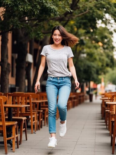 20대 후반 아시아계 여성이 캐주얼한 복장을 입고 아늑한 카페 앞에서 즐겁게 점프하는 전신 샷입니다. 피곤한 표정이지만 행복한 미소를 지으려 애쓰며, 나무와 화분으로 둘러싸인 따뜻하고 초대하는 야외 환경에서 연인과 즐거운 순간을 만끽하고 있습니다.