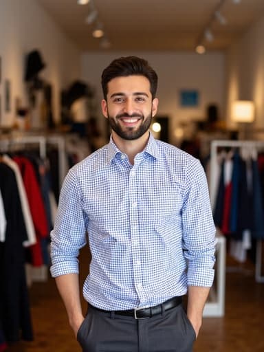 30대 초반 중동계 남성이 패션 매장에서 자신감 있게 서 있는 전체 모습. 세련된 체크 무늬 셔츠와 슬랙스를 입고 있으며, 따뜻한 미소를 지으며 최신 패션 트렌드가 돋보이는 다양한 의상 진열 속에 있습니다.