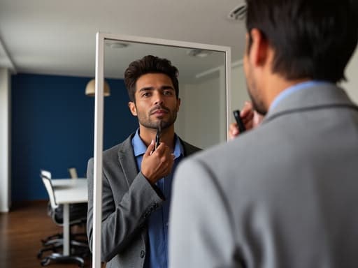 40대 초반의 라틴계 남성이 블루 셔츠와 그레이 재킷을 입고 현대적인 회의실 거울 앞에서 화장하는 모습, 자신감 있고 우아한 표정을 짓고 있습니다.