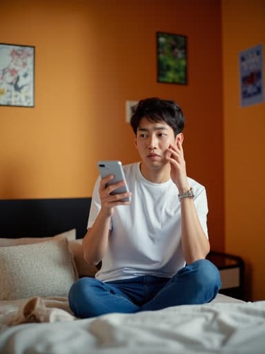 20대 초반의 한국 남성이 아늑한 침대에 앉아 스마트폰을 들고 약간 짜증난 표정을 짓고 있습니다. 편안한 티셔츠와 청바지를 입고 있으며, 따뜻한 침실의 벽에는 취미 관련 포스터가 붙어 있어 친근하면서도 개인적인 분위기를 자아냅니다.